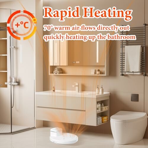 Bathroom with heater advertising rapid heating and warm air flow.