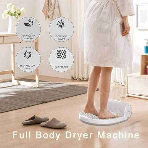 Person using full body dryer machine with features highlighted.