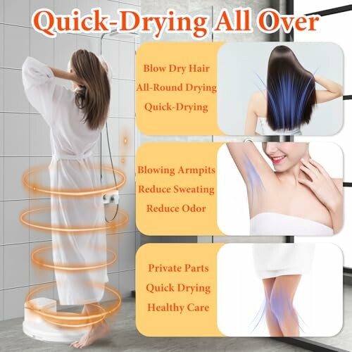 Person in shower with text about quick-drying features for hair, armpits, and private parts.